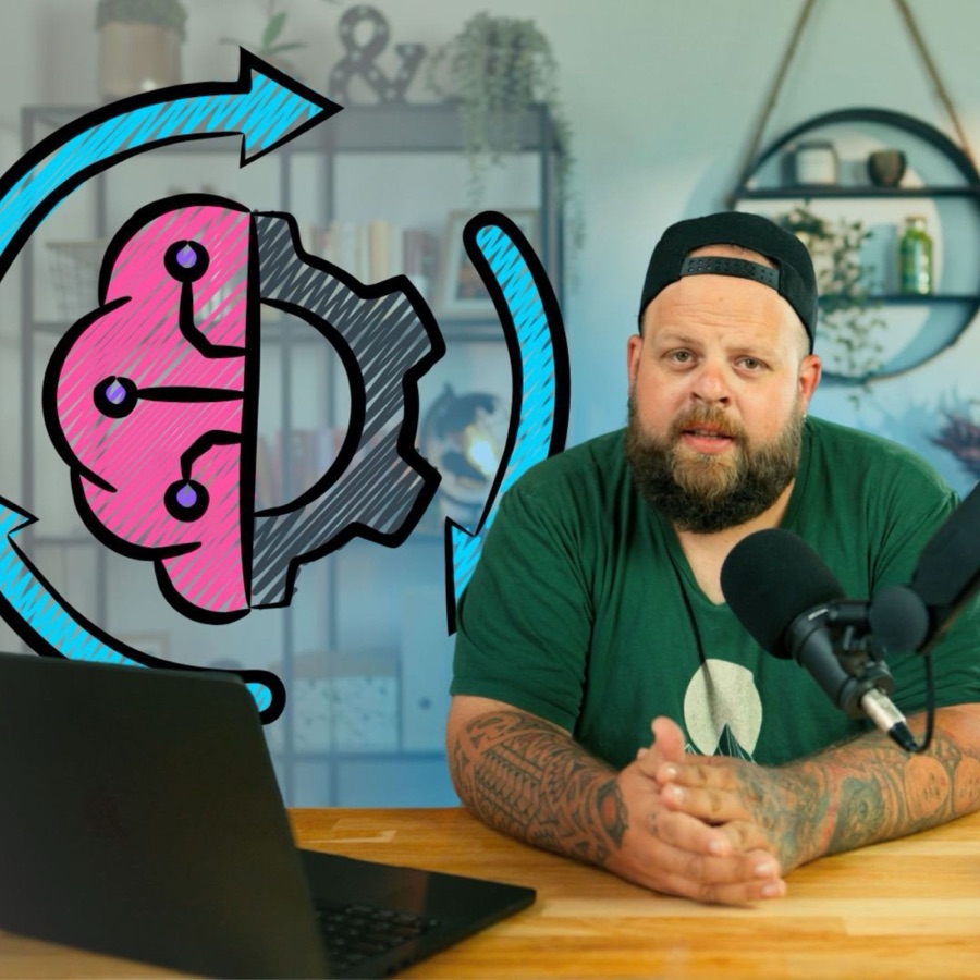 Kenji vysvětluje u stolu, vedle kresba mozku s ozubeným kolem